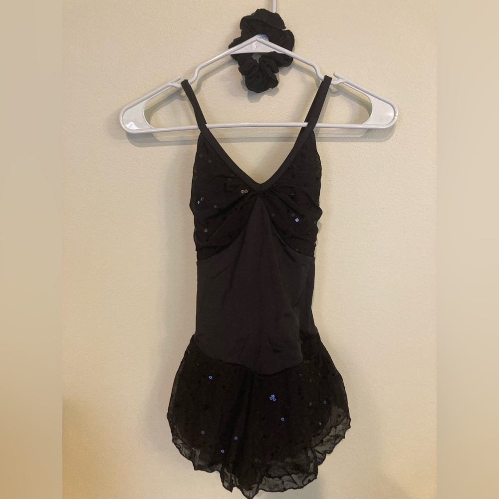 New Unworn Black and Sequined Figure Skating Costume with Matching Scrunchie